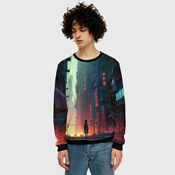 Свитшот мужской Девушка на задворках в мире киберпанка, цвет: 3D-черный — фото 2