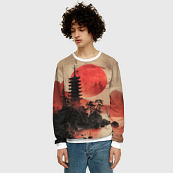 Свитшот мужской Башня на фоне алого заката - Япония, цвет: 3D-белый — фото 2