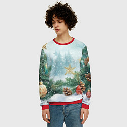 Свитшот мужской Золотые снежинки - новогодний фон, цвет: 3D-красный — фото 2