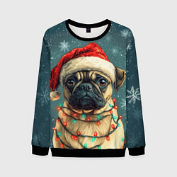 Свитшот мужской Новогодний мопс в гирлянде, цвет: 3D-черный