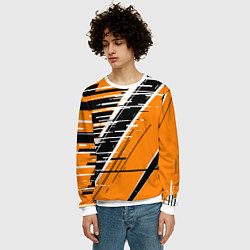 Свитшот мужской Чёрно-белые глитч полосы на оранжевом фоне, цвет: 3D-белый — фото 2