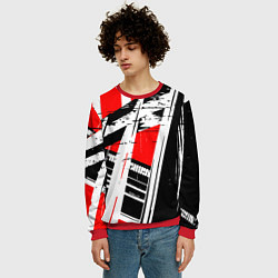 Свитшот мужской Чёрно-белые абстрактные линии на красном фоне, цвет: 3D-красный — фото 2