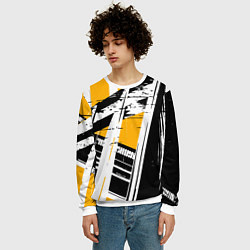 Свитшот мужской Чёрно-белые абстрактные линии на жёлтом фоне, цвет: 3D-белый — фото 2