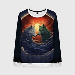 Мужской свитшот Волк и волчица в море под луной
