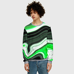 Свитшот мужской Волнистые горизонтальные чёрно-зелёные полосы на б, цвет: 3D-меланж — фото 2