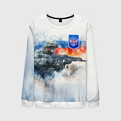 Свитшот мужской Русский солдат и синий герб РФ, цвет: 3D-белый