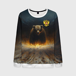 Свитшот мужской Русский медведь в огненном поле, цвет: 3D-белый