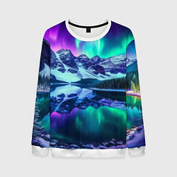 Мужской свитшот Северное сияние над горами - неоновое свечение