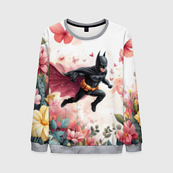 Свитшот мужской Бэтмен прыгает над цветами и бабочками, цвет: 3D-меланж