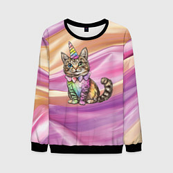 Свитшот мужской Котенок в костюме единорога, цвет: 3D-черный