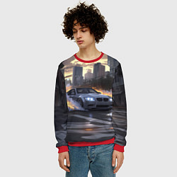 Свитшот мужской БМВ в вечернем городе, цвет: 3D-красный — фото 2