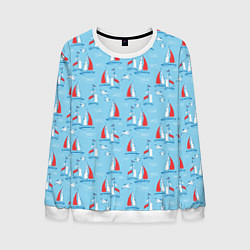 Свитшот мужской Морской паттерн с парусными лодками и чайками, цвет: 3D-белый