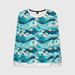Свитшот мужской Летний узор с ракушками и морскими звездами, цвет: 3D-белый