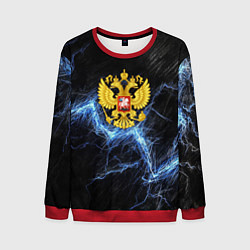 Мужской свитшот Герб РФ на черной текстуре с синими потертостями