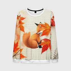Свитшот мужской Лиса под осенними листьями, цвет: 3D-белый