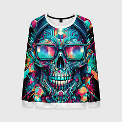 Свитшот мужской Кибер череп в балахоне и очках - нейроарт фантазия, цвет: 3D-белый