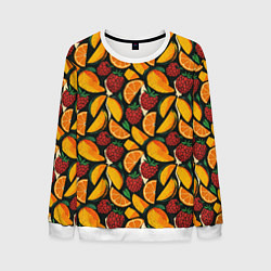 Свитшот мужской Ягоды и фрукты в паттерне: малина манго апельсин, цвет: 3D-белый