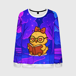 Свитшот мужской Цыпленок в очках читает книжку, цвет: 3D-белый