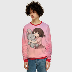 Свитшот мужской Девочка обнимает зайцика в аниме, цвет: 3D-красный — фото 2