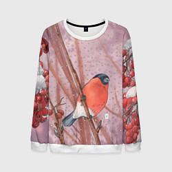Свитшот мужской Акварельный снегирь в рябине, цвет: 3D-белый