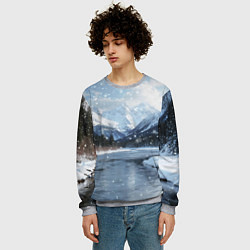 Свитшот мужской Снежный горный пейзаж с елями и рекой, цвет: 3D-меланж — фото 2