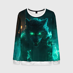 Свитшот мужской Волк с зелеными глазами с молниями, цвет: 3D-белый