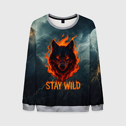 Свитшот мужской Stay wild волк в огне, цвет: 3D-меланж