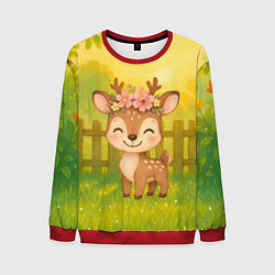 Свитшот мужской Милый олененок на зеленом дворе, цвет: 3D-красный