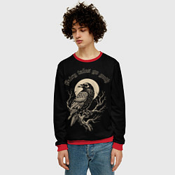Свитшот мужской Ворона сидит на ветке на фоне полной луны, цвет: 3D-красный — фото 2