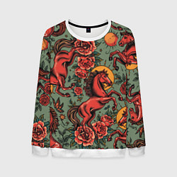 Свитшот мужской Красный конь и розы, цвет: 3D-белый