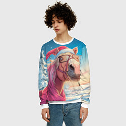 Свитшот мужской Новогодняя лошадь в очках, цвет: 3D-белый — фото 2