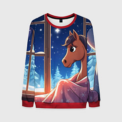 Свитшот мужской Лошадка зимней звездной ночью, цвет: 3D-красный