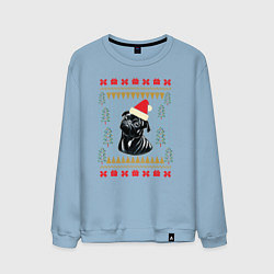 Свитшот хлопковый мужской Рождественский свитер Черный мопс, цвет: мягкое небо