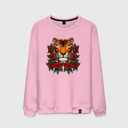 Свитшот хлопковый мужской Тигр в розах, цвет: светло-розовый
