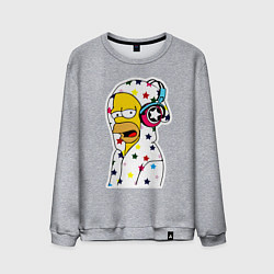 Свитшот хлопковый мужской Гомер Симпсон в звёздном балахоне и в наушниках, цвет: меланж