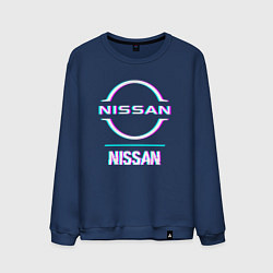 Свитшот хлопковый мужской Значок Nissan в стиле glitch, цвет: тёмно-синий