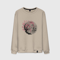 Свитшот хлопковый мужской Японская сакура рисунок карандашом, цвет: миндальный