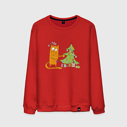 Свитшот хлопковый мужской Кот наряжает новогоднюю ёлку, цвет: красный