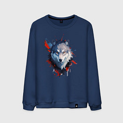 Свитшот хлопковый мужской Голова волка - рисунок с пятнами краски, цвет: тёмно-синий