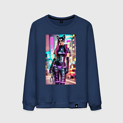 Свитшот хлопковый мужской Cyberpunk - cat girl - neural network, цвет: тёмно-синий