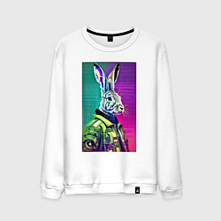 Свитшот хлопковый мужской Неоновый модный заяц - нейросеть, цвет: белый