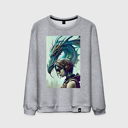 Свитшот хлопковый мужской Девчонка в шлеме и дракон - киберпанк, цвет: меланж