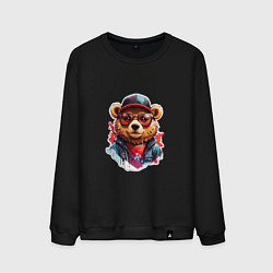 Свитшот хлопковый мужской Модный медведь в кепке и в очках, цвет: черный