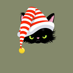 Свитшот хлопковый мужской Новогодний черный кот в новогоднем колпаке, цвет: авокадо — фото 2