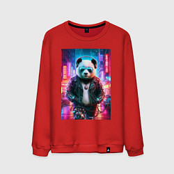 Свитшот хлопковый мужской Панда в ночном Пекине - киберпанк - нейросеть, цвет: красный