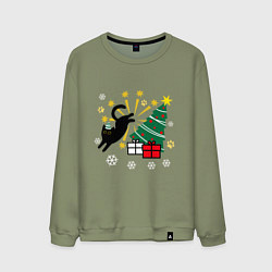 Свитшот хлопковый мужской Кот и елка, цвет: авокадо