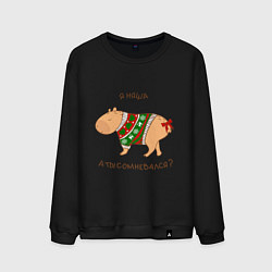 Свитшот хлопковый мужской Капибара зимой в свитере, цвет: черный