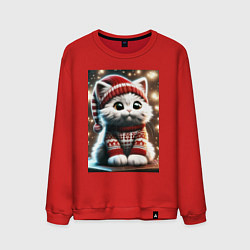 Свитшот хлопковый мужской Котик в новогоднем свитере, цвет: красный