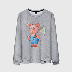 Свитшот хлопковый мужской Мультяшный поросенок с сачком, цвет: меланж