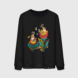 Свитшот хлопковый мужской Милые гномы в цветах, цвет: черный
